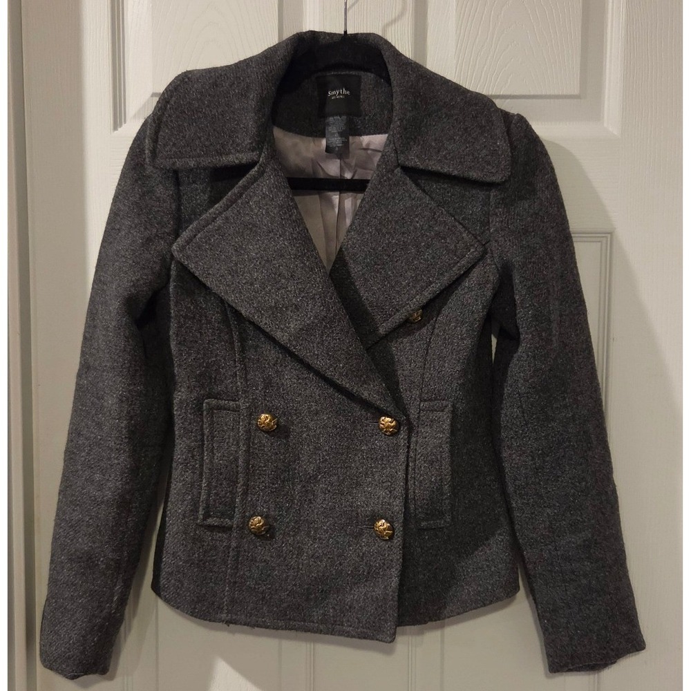 Smythe Les Vestes Wool Double Breasted Jacket 4 Gray Gold Buttons Made Canada